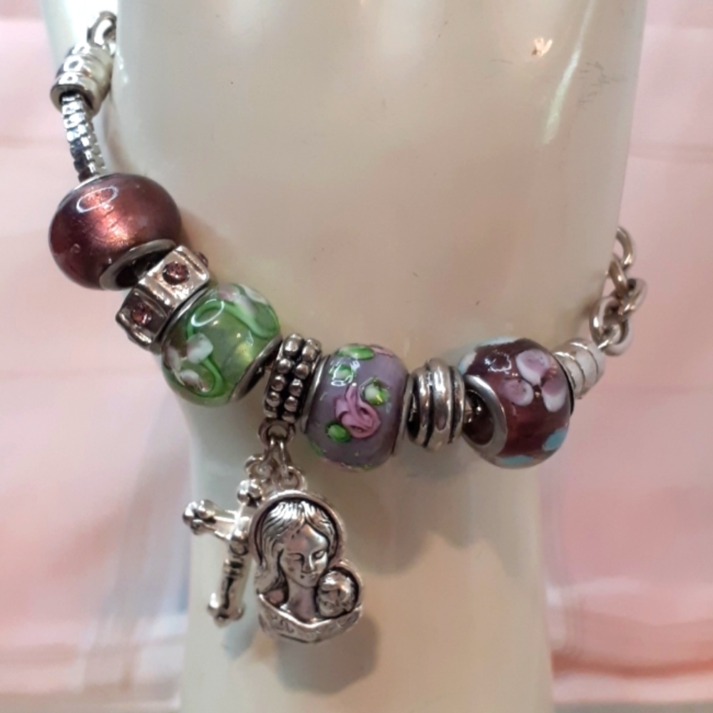 Purple Green Bead Silver Tone Religious Theme Toggle Clasp Bracelet 7.5" Long